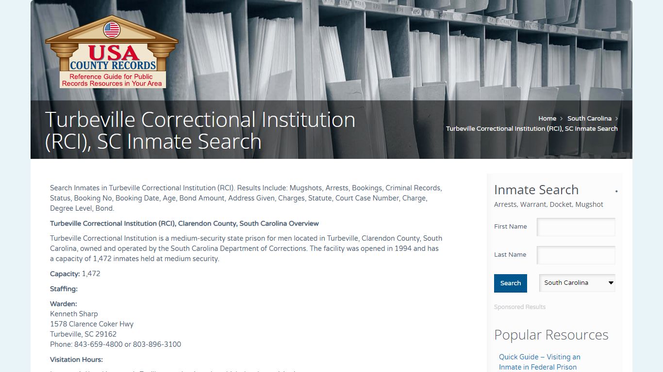 Turbeville Correctional Institution (RCI), SC Inmate Search